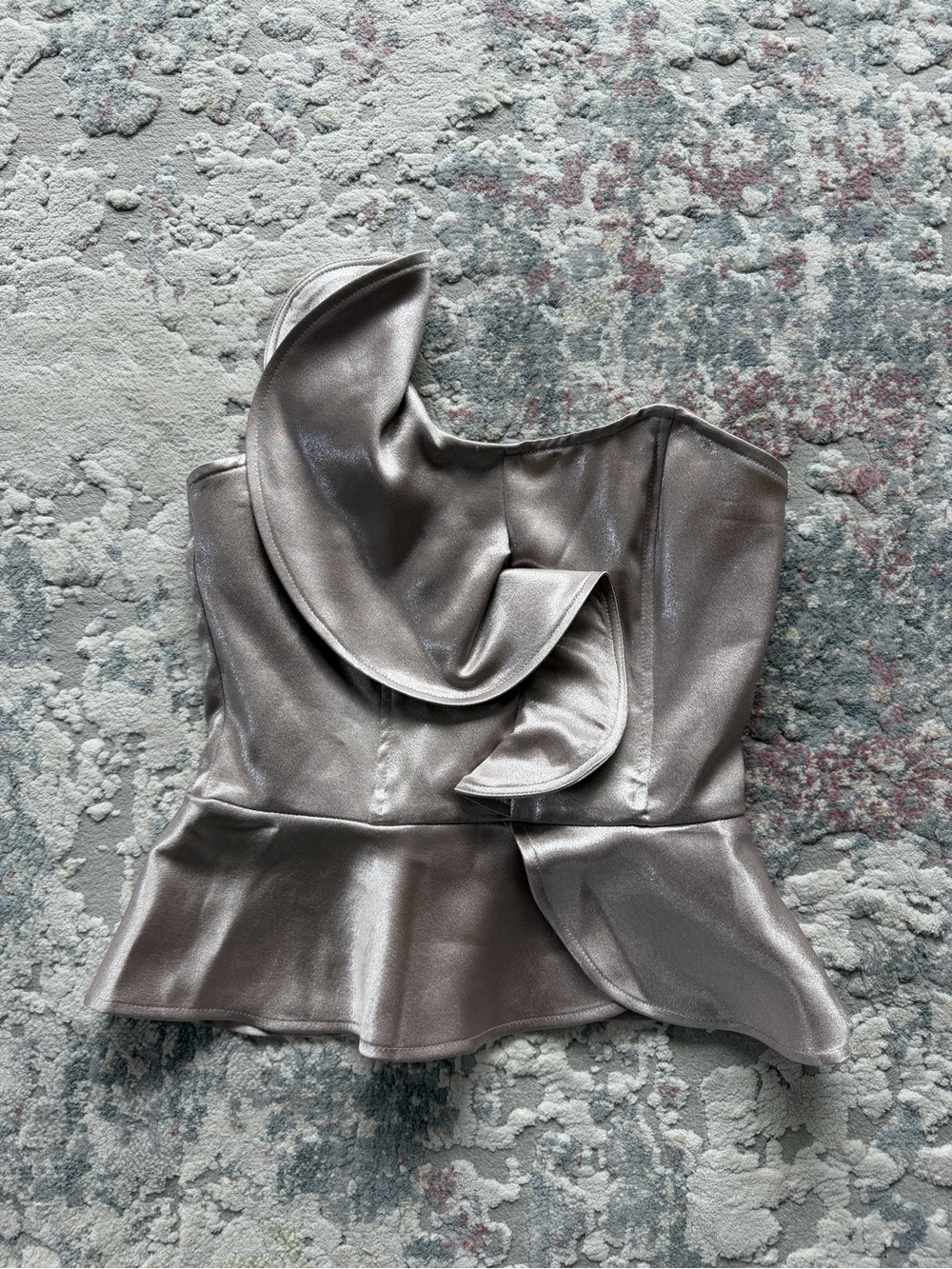 Leith Metallic One-Shoulder Ruffle Peplum Top - Silver Taupe